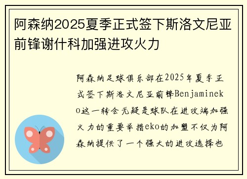阿森纳2025夏季正式签下斯洛文尼亚前锋谢什科加强进攻火力