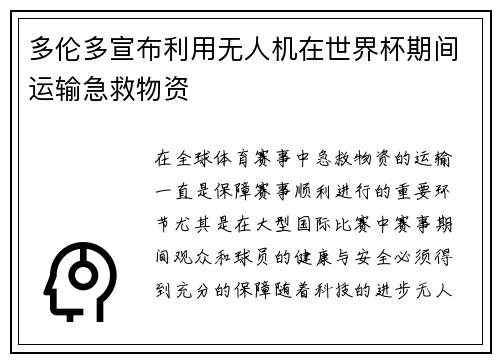 多伦多宣布利用无人机在世界杯期间运输急救物资