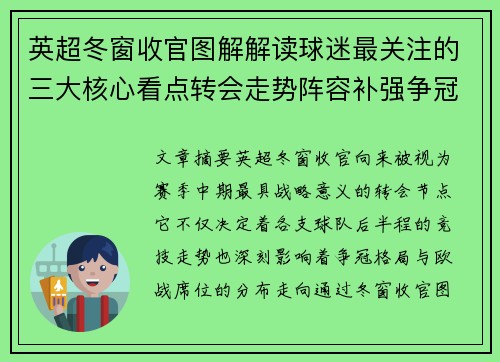 英超冬窗收官图解解读球迷最关注的三大核心看点转会走势阵容补强争冠 英超冬窗收官图解解读球迷最关注的三大核心看点转会走势阵容补强争冠
